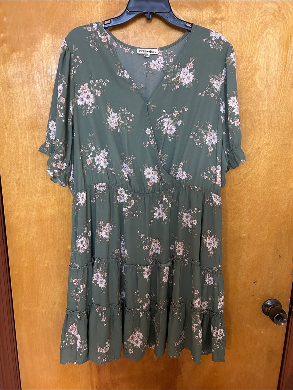 Inspired Hearts Olive Green Floral Wrap Tiered Midi Dress